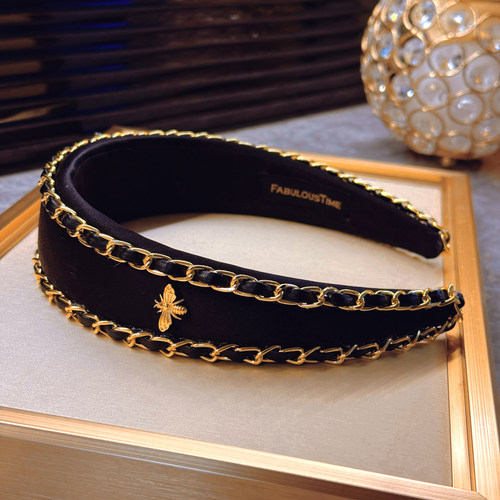 香香风皮质双链条黑色缎面发箍