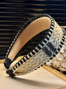 杨杨babytime 拉菲草编发箍加宽min灰色满钻度假海边拍照头箍法式