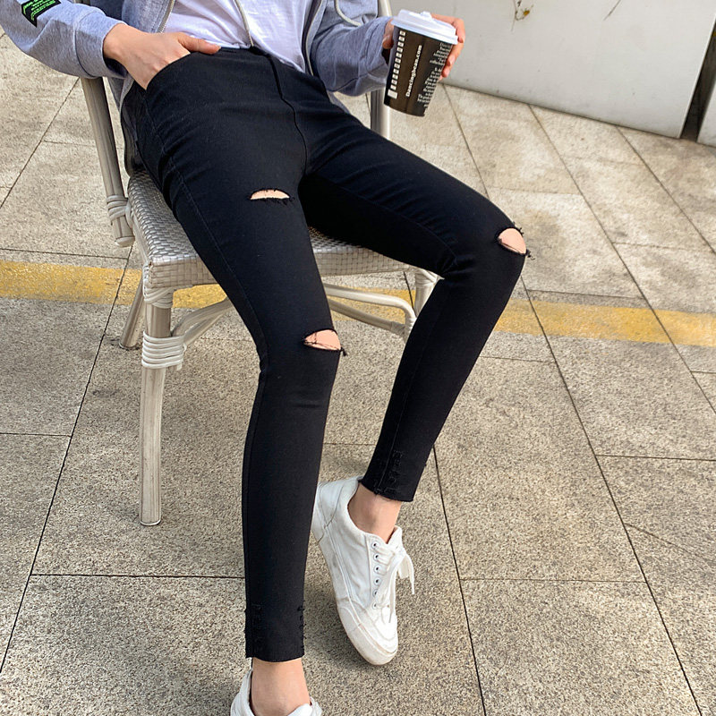 黑色高腰九分小脚铅破洞牛仔裤女笔紧身2021春夏新款显高显瘦乞丐