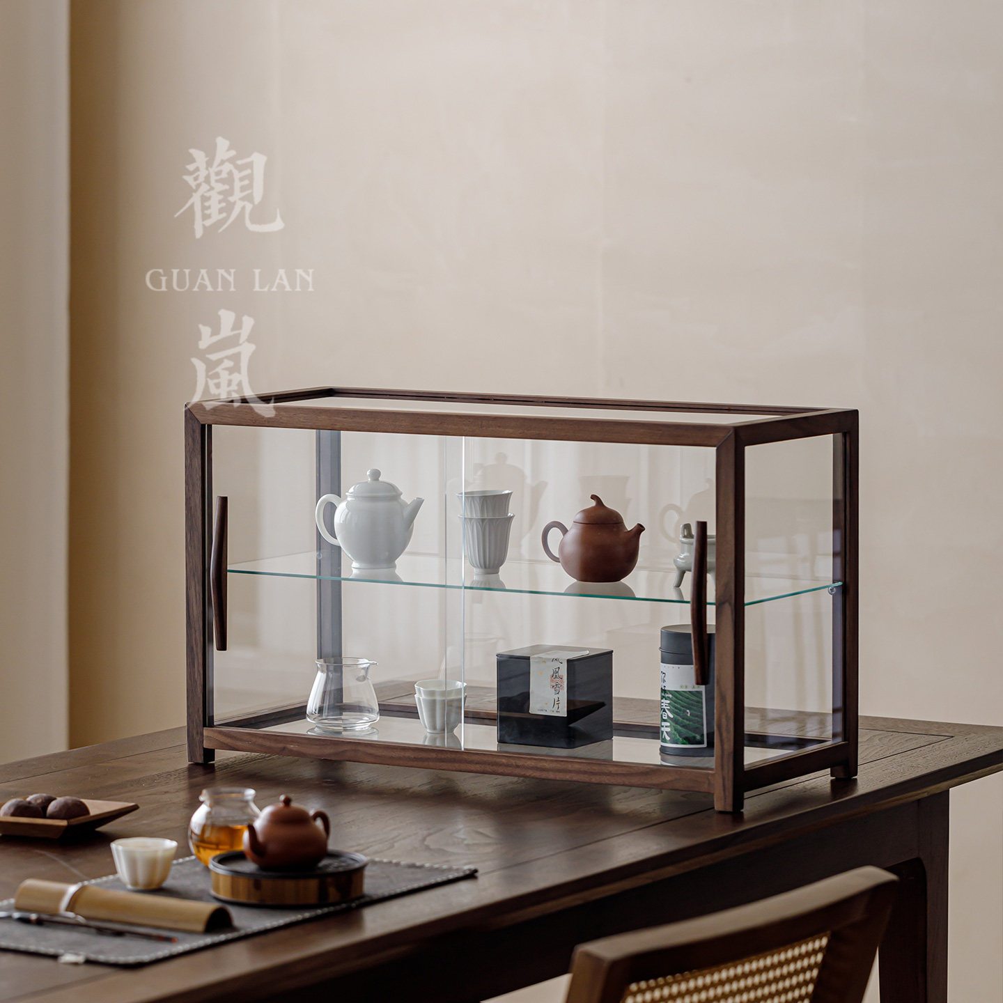 观岚黑胡桃茶具玻璃双层展示柜