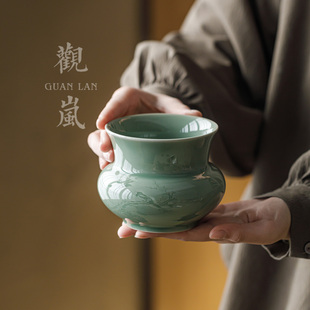 观岚越窑青瓷陶瓷建水影雕高档家用茶桌茶渣桶废水缸水盂茶道零配