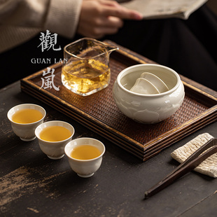 观岚定窑白浮雕复古莲韵茶洗茶渣缸家用盖碗茶水壶废水缸茶道零配