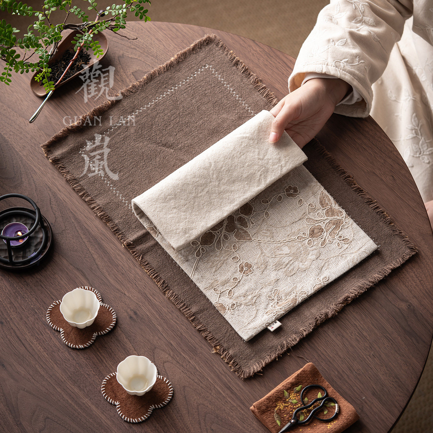 观岚棉麻刺绣干茶席流苏边双层茶席花纹茶桌隔热垫布艺茶具零配件,餐饮具,茶道/零配,淘宝优惠券,粉丝福利购,淘宝优惠卷