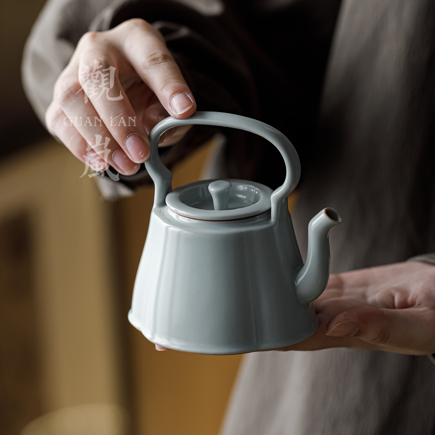 观岚汝窑海棠提梁壶陶瓷泡茶壶