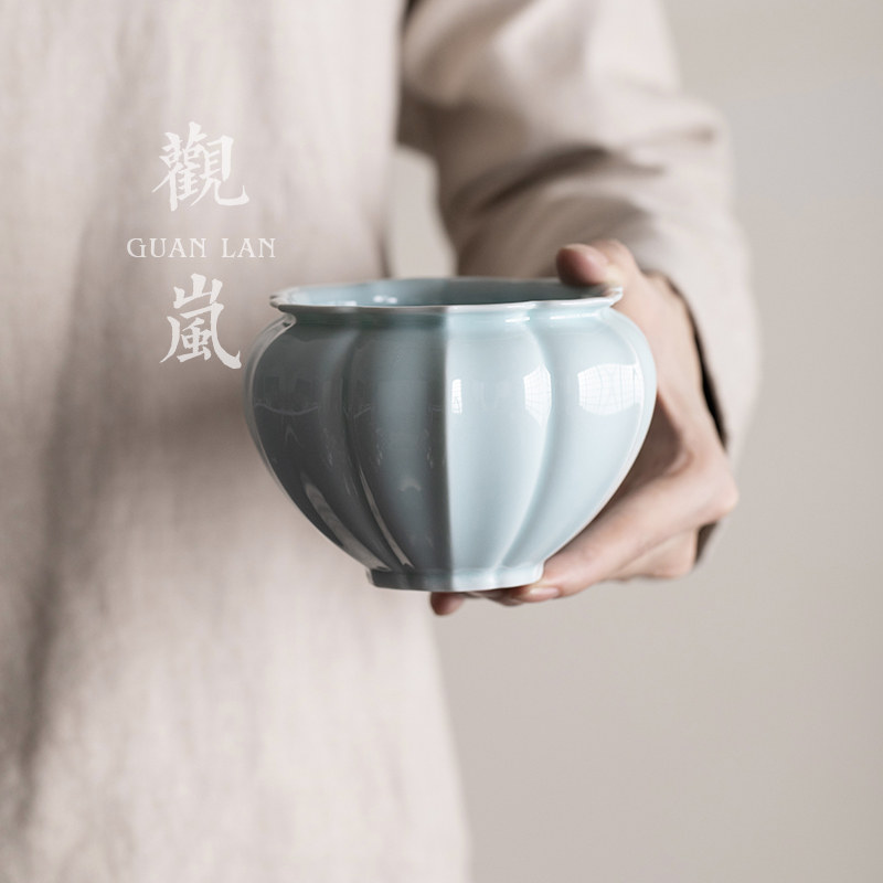 观岚覆古陶瓷菱纹葵口建水茶渣缸中式收纳茶盆茶盂洗茶器洗茶杯盆