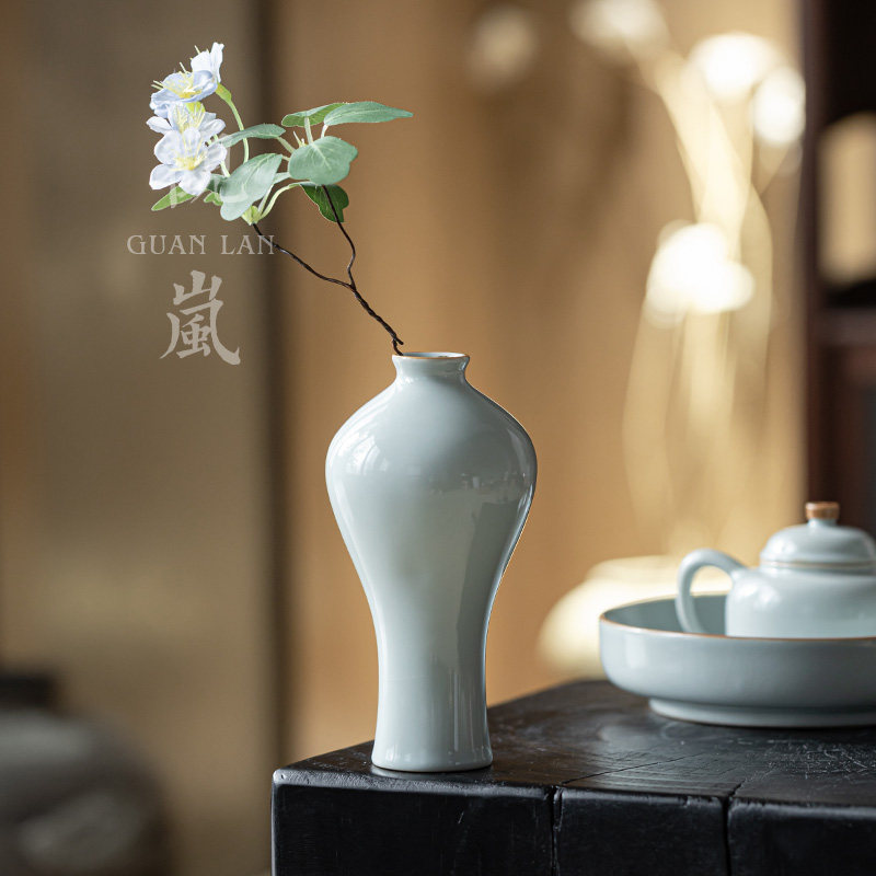 观岚天青汝窑花插仿宋中式高端陶瓷花瓶中式复古简约茶室禅意摆件