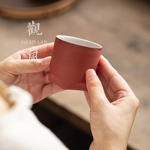 观岚粉引胭脂红陶瓷茶杯纯手工品茗杯家用小号主人杯功夫茶具单杯
