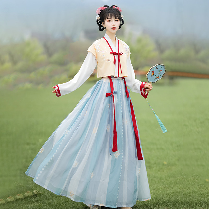 汉服女正品原创改良唐制褙子齐腰褶裙日常白菜全套中国风古装夏季