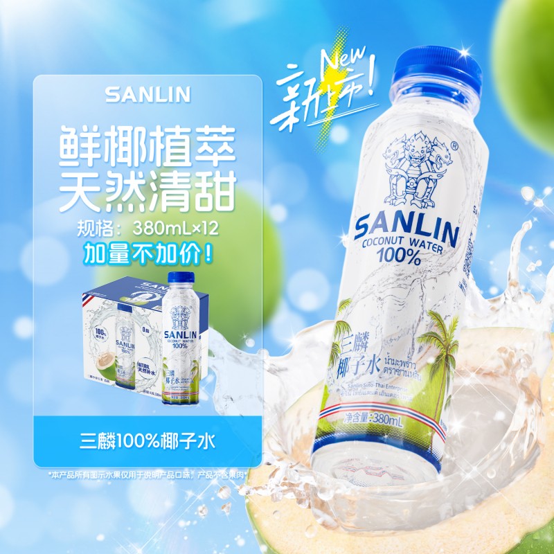 三麟 100%椰子水PET装椰青果汁380ml*12瓶整箱图片