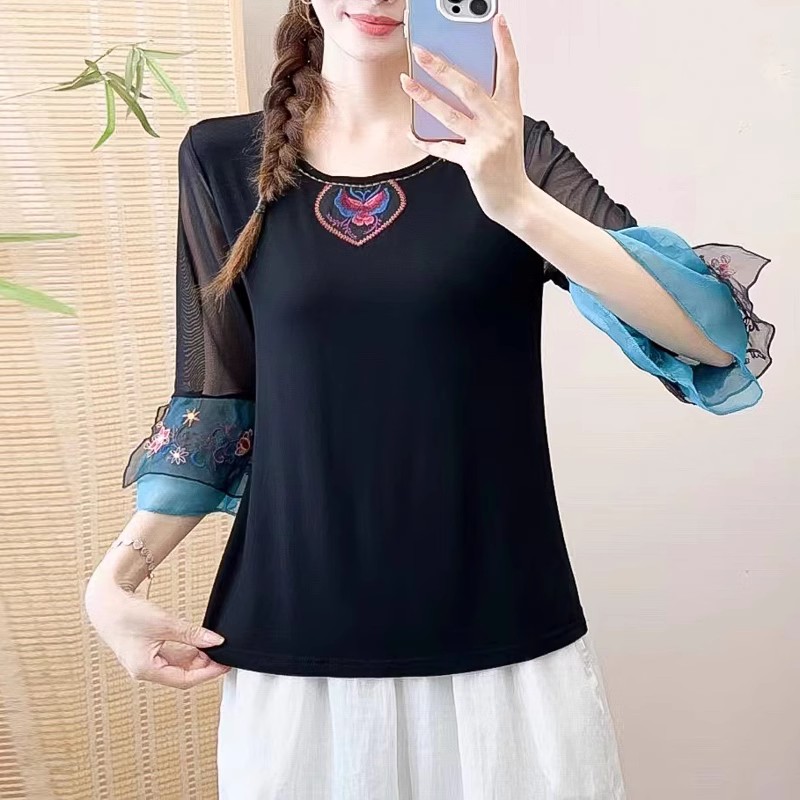 七分袖复古文艺薄刺绣棉质女