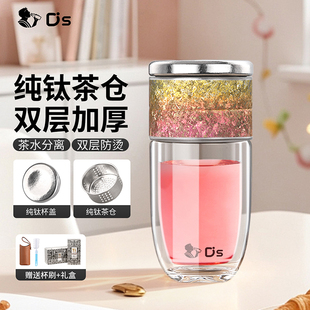 点盛纯钛杯盖2026最新款粉金渐变鹅蛋形双层高硼硅茶水分离玻璃杯