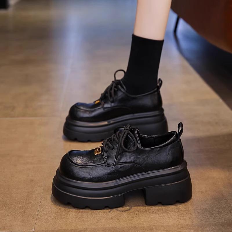 MK&DK休闲真皮增高松糕乐福鞋女款2025新款小皮鞋系带英伦风单鞋