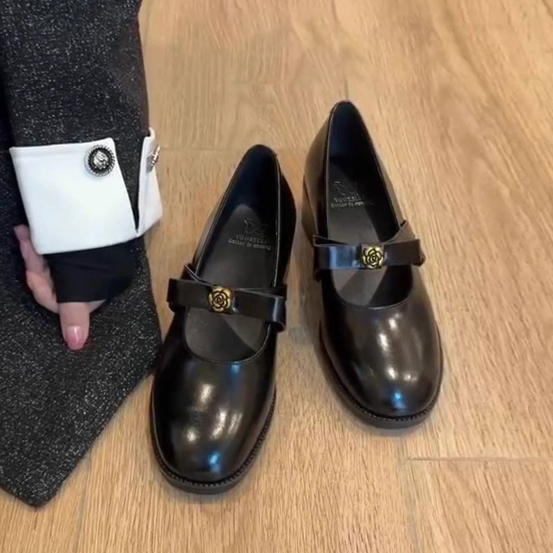 MK&DK香港真皮山茶花玛丽珍鞋女2025新款春季单鞋厚底粗跟小皮鞋