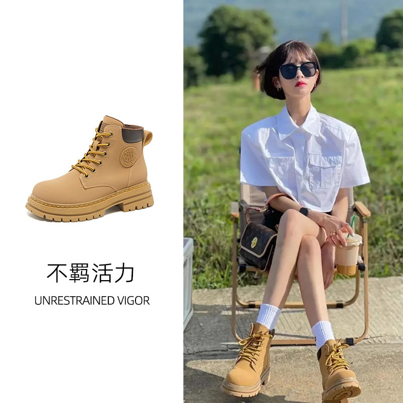 MK&DK 真皮大黄靴女2024新款秋冬季登山鞋厚底短靴内增高马丁靴