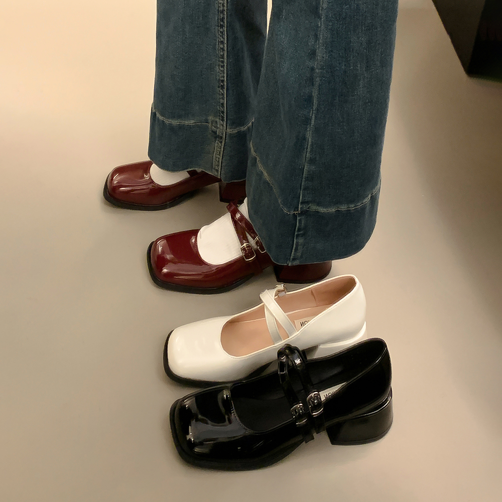 MK&DK法式粗高跟浅口单鞋女2025新款春秋季小皮鞋复古方头玛丽鞋