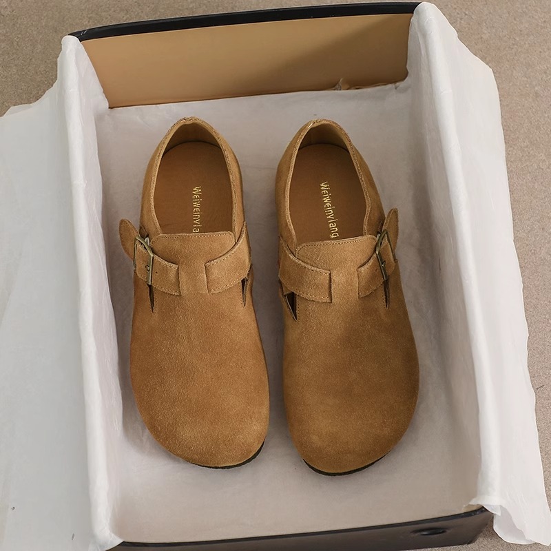 MK&DK香港真皮增高勃肯鞋女2025新款春秋季平软底外穿一脚蹬单鞋