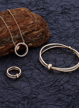 2024原创新品镀香槟金双环纯银戒指女欧美饰品