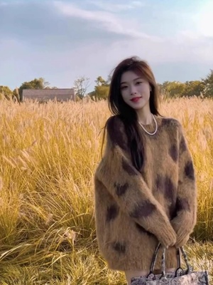 韩系慵懒风豹纹套头毛衣女秋冬内搭高级感中长款宽松软糯针织上衣