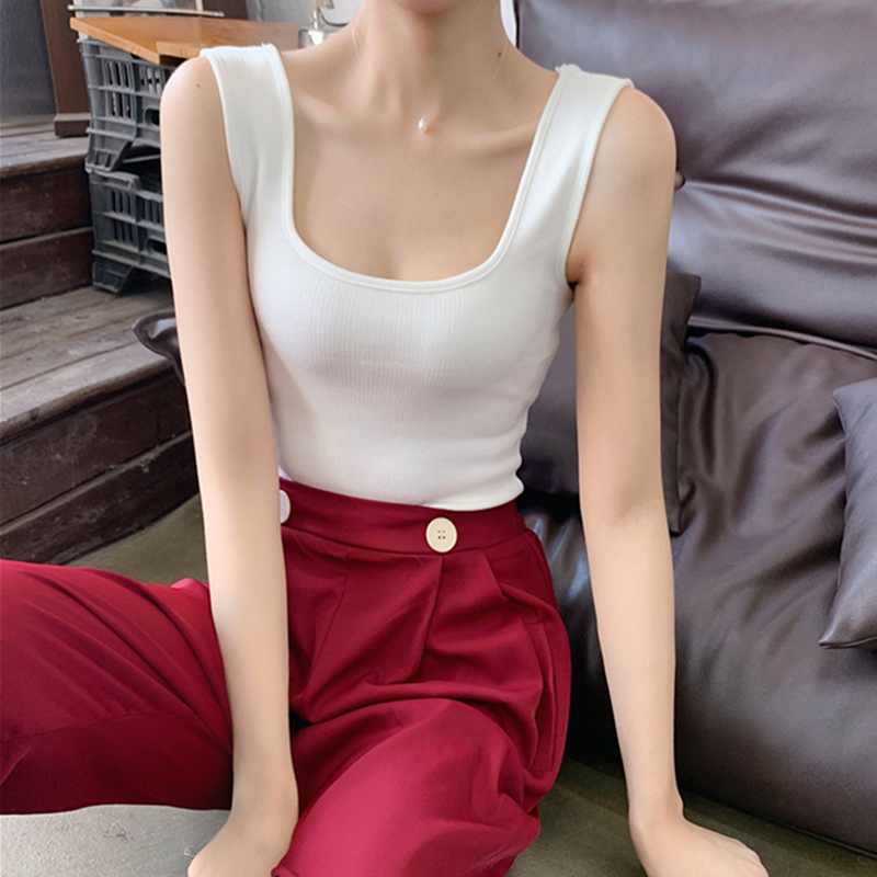 chic方领低胸无袖露肩针织背心女夏冰丝工字背锁骨