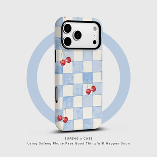 Pro硬Plus新款 12磨砂15 情侣高级保护套男女创意淡蓝格子樱桃 14磁吸13 宿风适用苹果iPhone16promax手机壳17