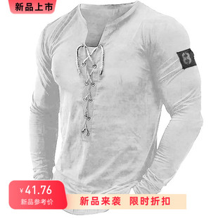 亚马逊男式长袖亨利衫纯色系带领上衣休闲海滩打底衫T-shirt men