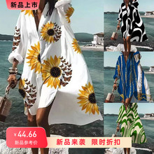 春秋新款POLO领单排扣向日葵条纹印花前短后长A字长袖衬衫连衣裙