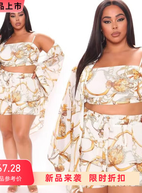 fat women plus size three-piece set tops shorts pants coat