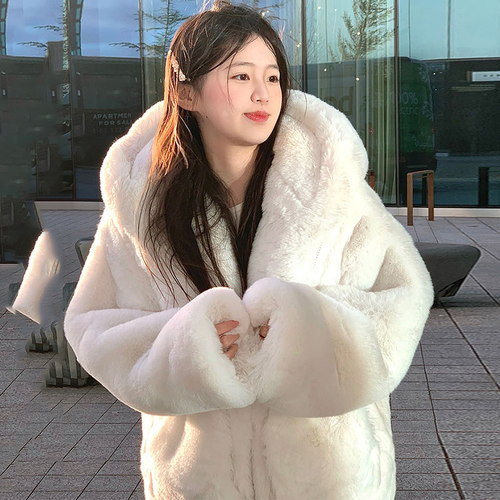 獭兔毛皮草中长款连帽加绒外套女