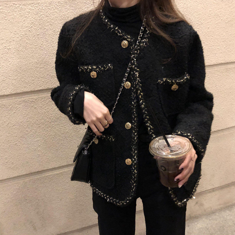 加棉加厚黑色小香风混金丝粗花呢短外套女小个子冬季编织宽松上衣