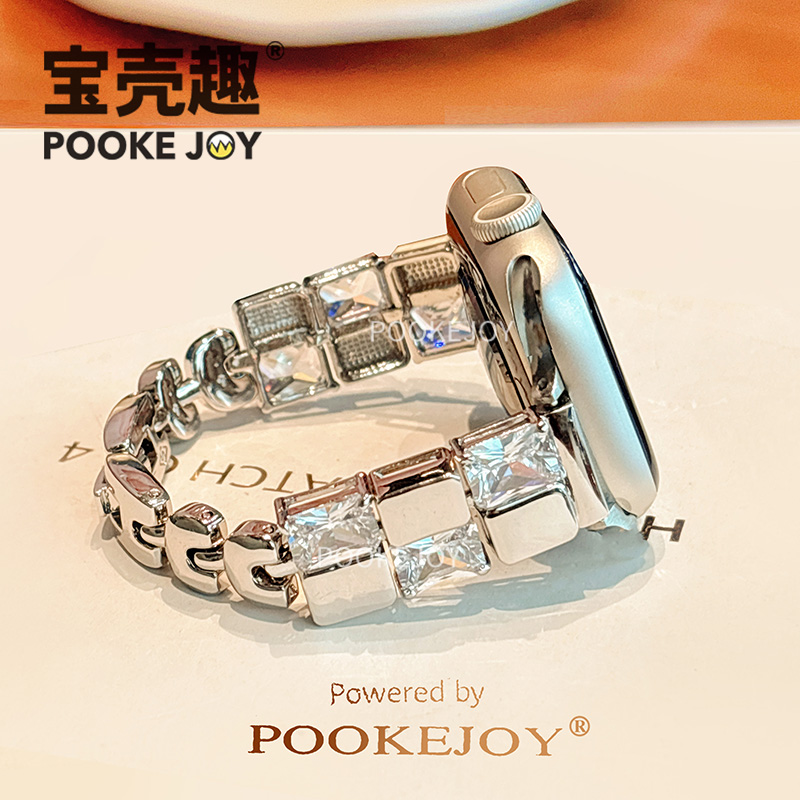 宝壳趣适用苹果手表s10表带applewatch9方形钻表带s8金属表带49/45/41mm个性创意46/42mm链式气质春夏新款