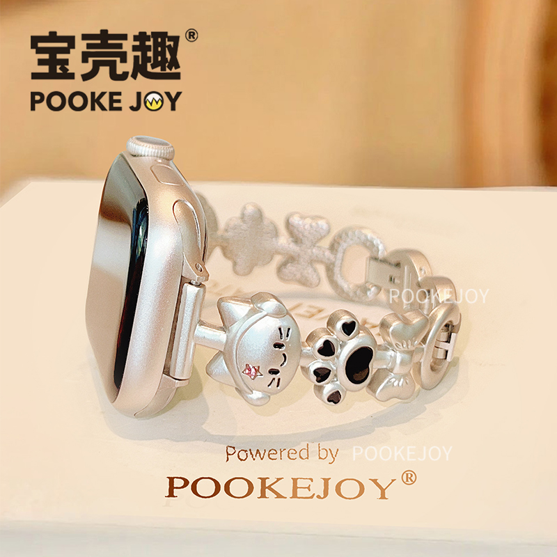宝壳趣适用苹果手表s11/s10表带音乐猫表带applewatch9金属表带s8可爱表链45/41mm创意46/42mm动物链式表带夏