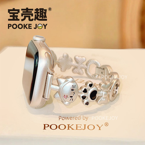 宝壳趣适用苹果手表s11/s10表带音乐猫表带applewatch9金属表带s8/s7可爱表链41mm创意46/42mm动物链式表带夏