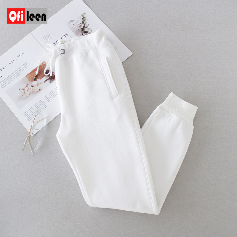 qfileen/俏菲琳白色纯棉运动裤女春秋常规薄款宽松束脚休闲卫裤