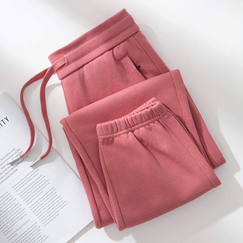 高端豆沙粉色运动裤女春秋款毛圈棉质束脚灯笼休闲冬季加绒长裤