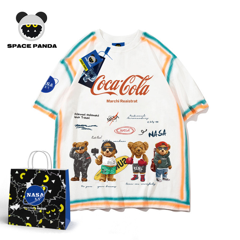 小熊联名nasa xxT恤卡通宇航员情侣刺绣短袖T恤男士潮牌宽松半袖t