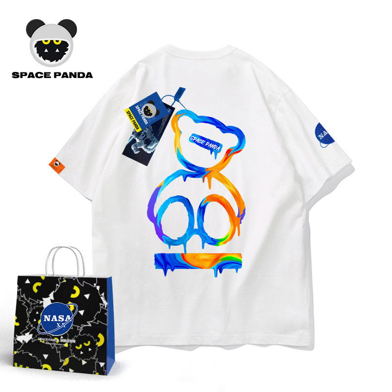 太空熊猫联名NASA夏季涂鸦小熊情侣短袖T恤男女ins潮牌宽松上衣
