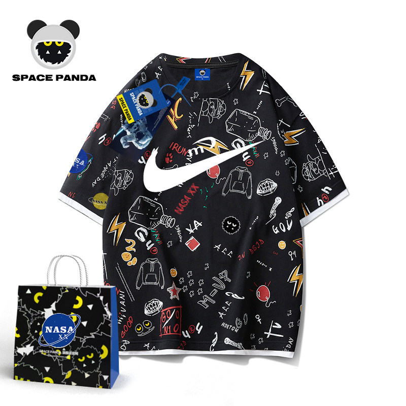 太空熊猫联名nasa夏季小熊潮牌原创情侣INS超火潮流纯棉短袖t恤男