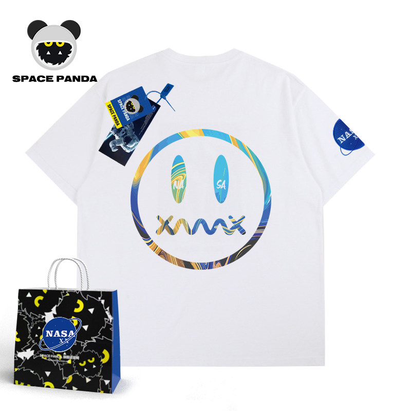 小恶魔鬼脸短袖联名nasa宇航员ins潮牌情侣印花宽松潮流笑脸T恤男