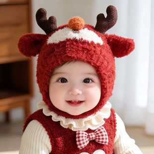红色小麋鹿宝宝帽子秋冬季婴儿毛绒针织护耳帽婴幼儿保暖可爱鹿角