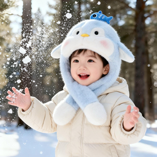 儿童帽子可爱宝宝毛绒帽围巾一体护耳帽男童女童冬季保暖耳朵会动