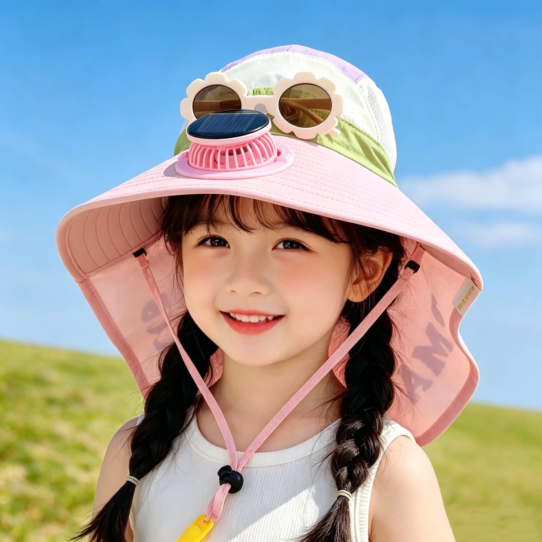 女童夏季大檐带太阳能风扇防晒帽图片