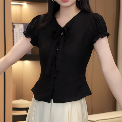 2025年夏季高级感黑色泡泡袖短袖T恤女装气质V领显瘦百搭上衣小衫