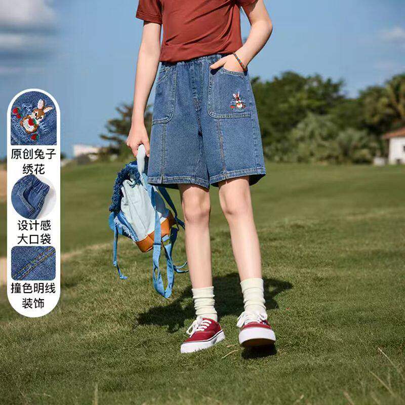 女童兔子绣花牛仔短裤夏季新款中大童洋气儿童宽松中裤童装五分裤