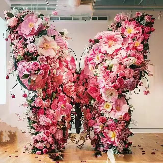 粉色玫瑰蝴蝶造型婚庆绢花装饰道具仙女风拍照背景布置玫瑰打卡