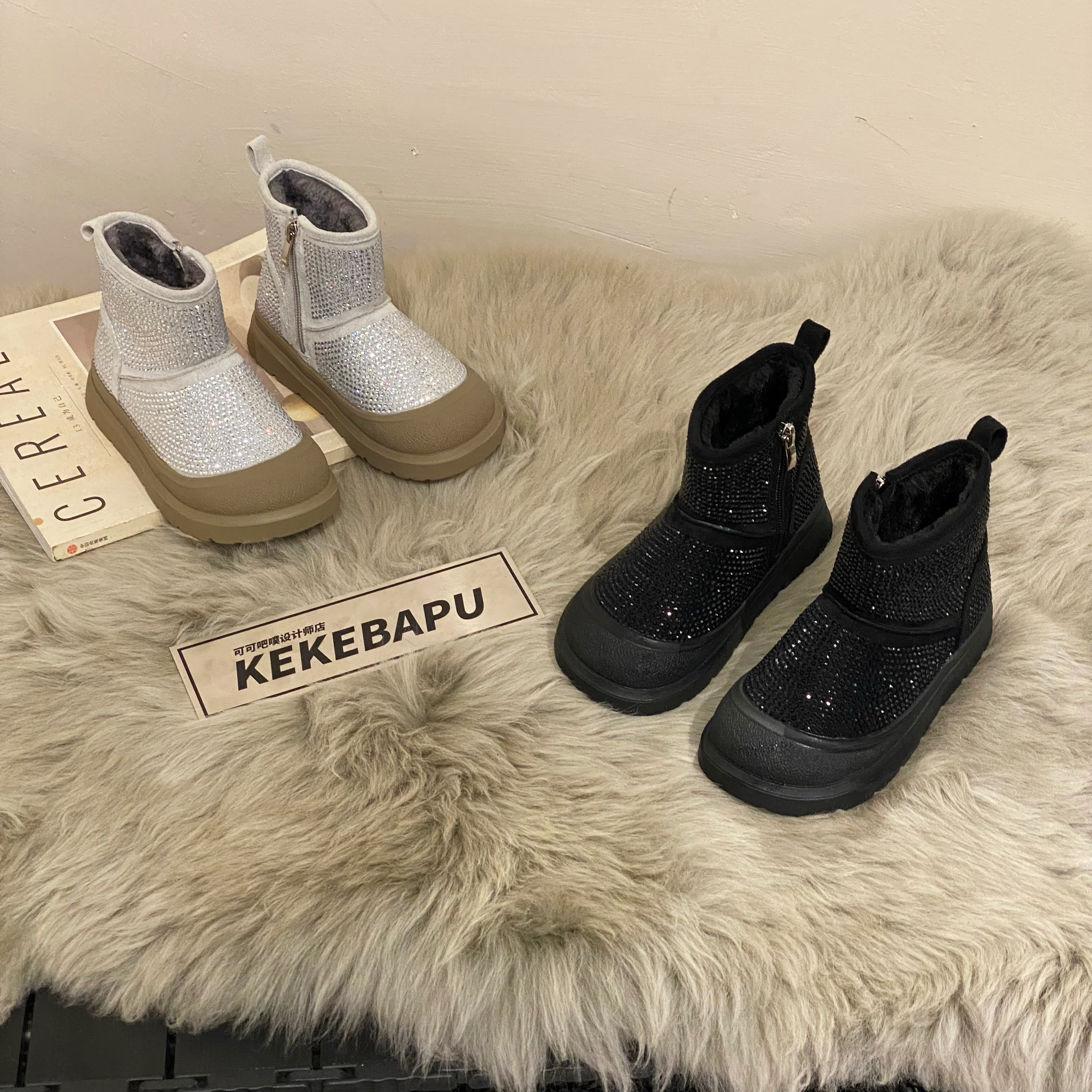 KEKEBAPU【星钻】冬季加绒保暖雪地靴女童厚底防滑短筒靴子棉鞋