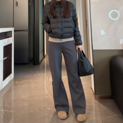 灰色高腰加绒微喇裤女2025冬季新款宽松显瘦休闲百搭直筒拖地长裤