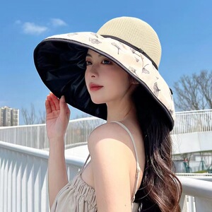 防晒帽女夏季新款太阳帽可折叠黑胶仿紫外线大帽檐遮脸遮阳渔夫帽