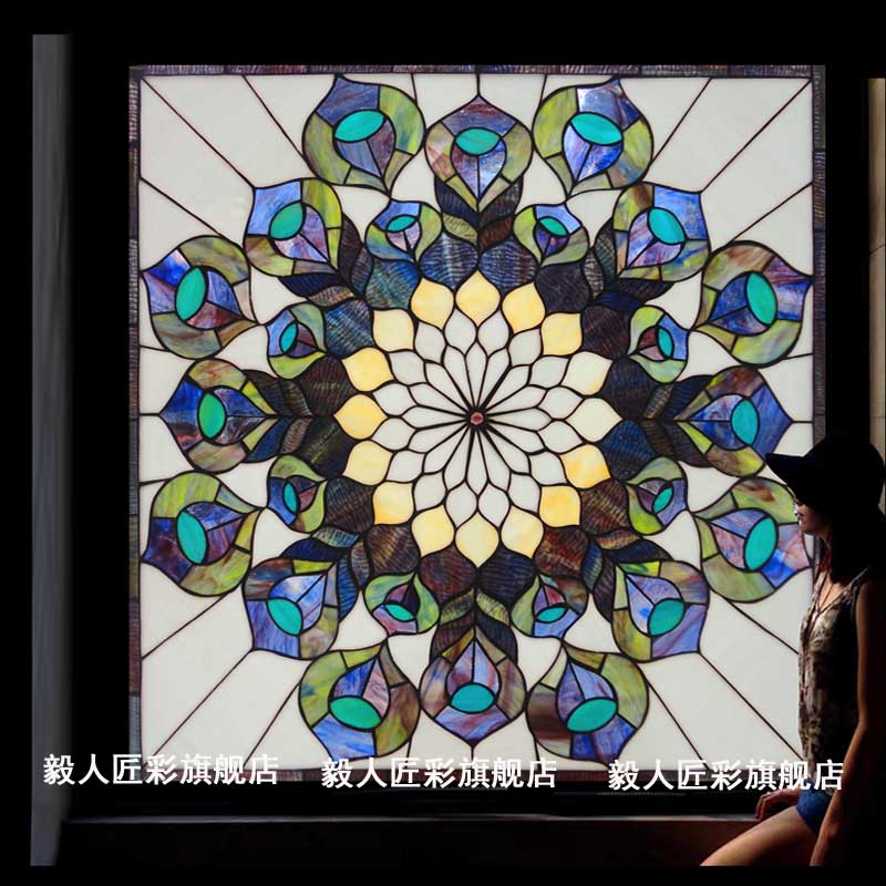 欧式教堂艺术玻璃吊顶隔断玄关彩色复古镶嵌屏风门窗包邮
