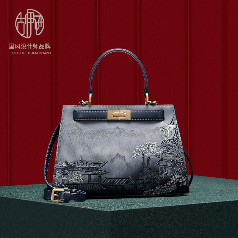 古伊西轻奢大牌中国风牛皮刺绣旗袍包女节日送妈妈高端女包凯莉包