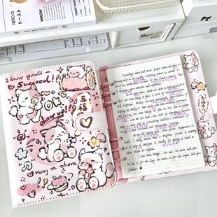ins小红书同款 粉色发财小猫PU皮质活页本学生高颜值可拆卸笔记本